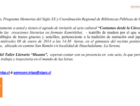 Invitación al acto cultural "Contamos desde la cárcel". 8 de enero de 2014.