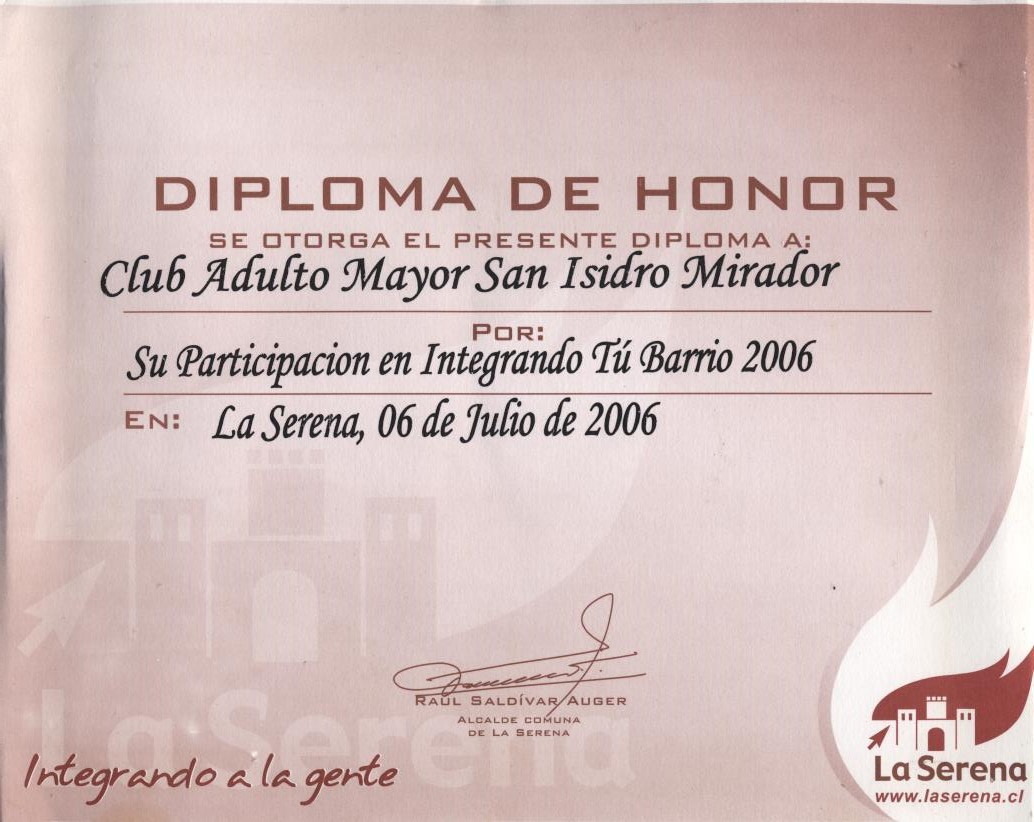Diploma de honor club adulto mayor San Isidro Diploma de honor club adulto mayor San Isidro
