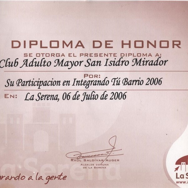 Diploma de honor club adulto mayor San Isidro