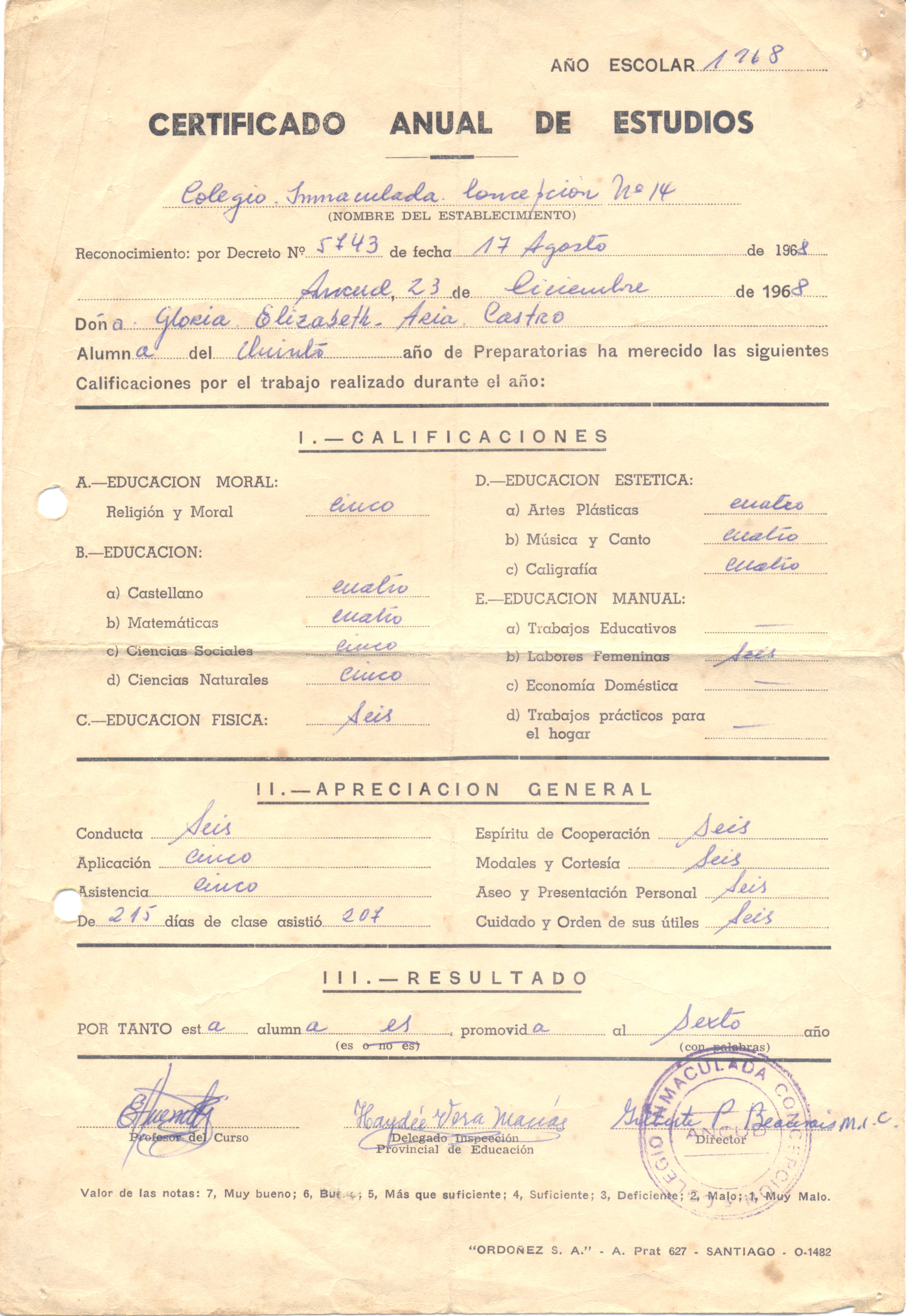 Certificado de estudios de Gloria Arias Castro Certificado de estudios de Gloria Arias Castro