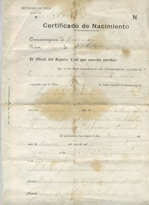 Certificado de nacimiento de Zunilda Bernal