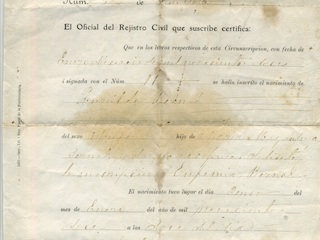 Certificado de nacimiento de Zunilda Bernal