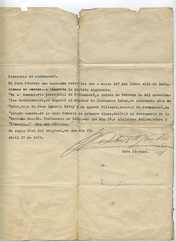 Certificado de defunción de Clodomira Estay Certificado de defunción de Clodomira Estay