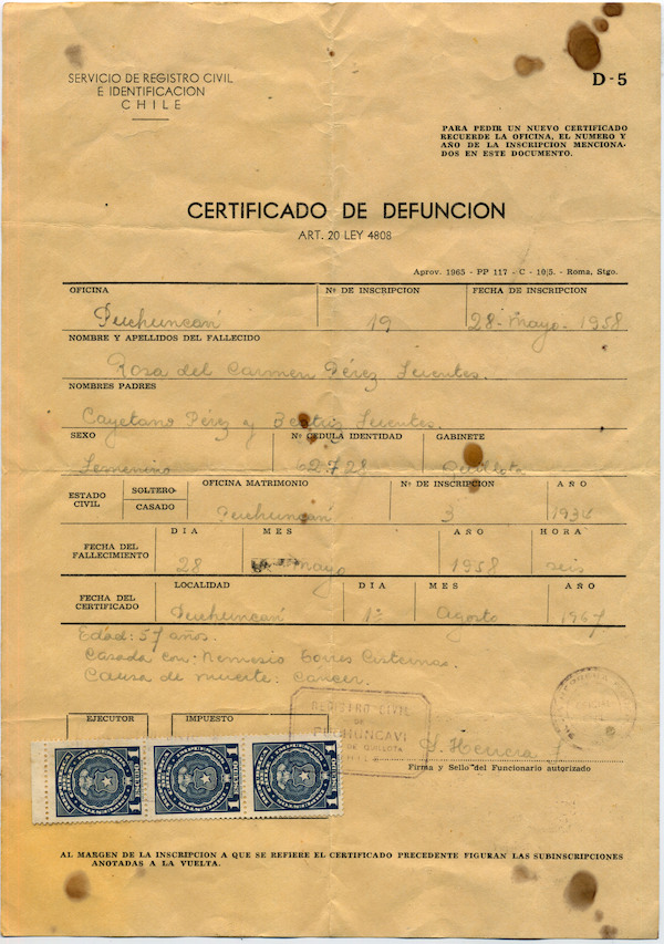Defunción de Rosa Pérez Fuentes Defunción de Rosa Pérez Fuentes