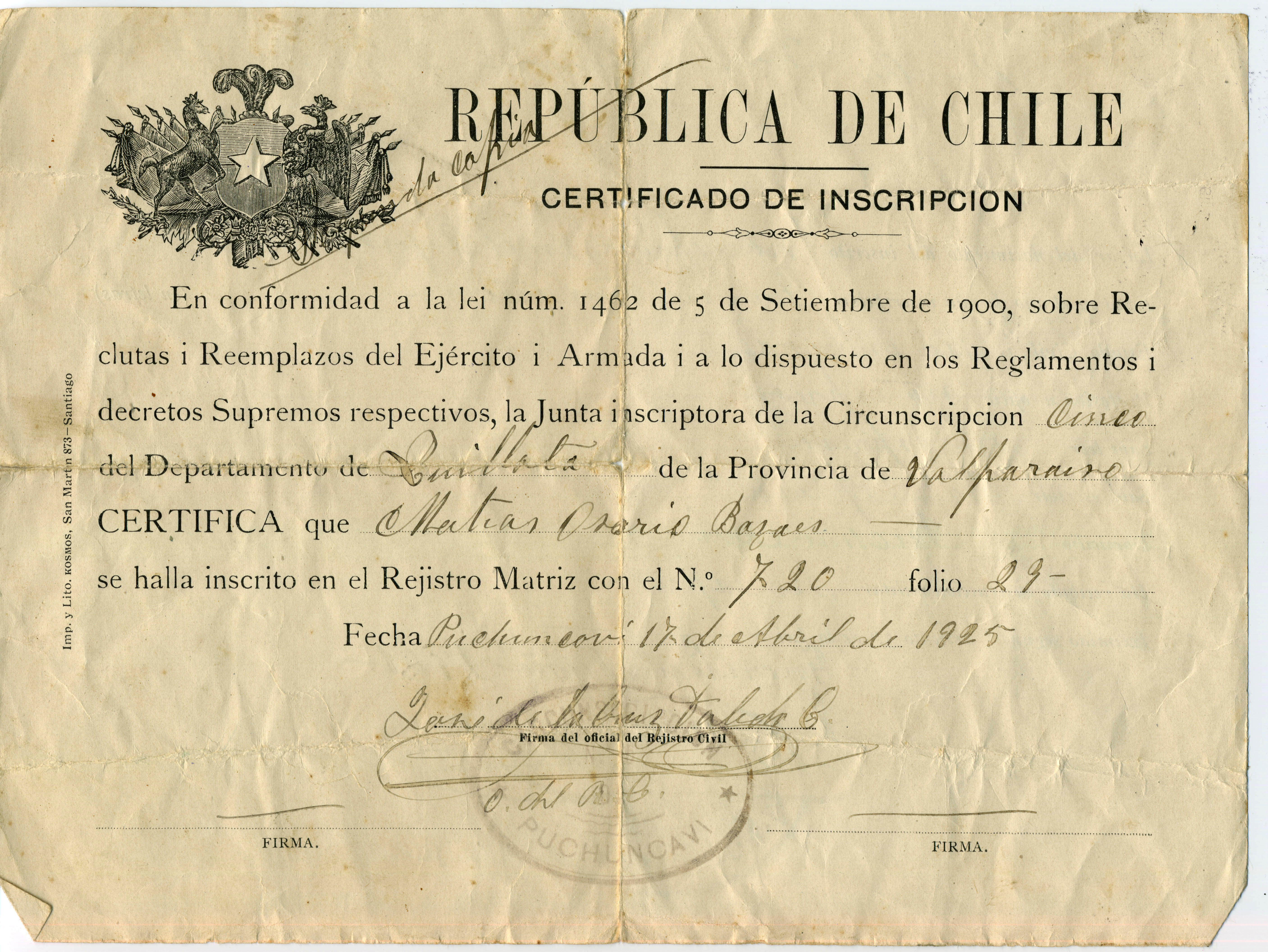 Inscripción del servicio militar obligatorio