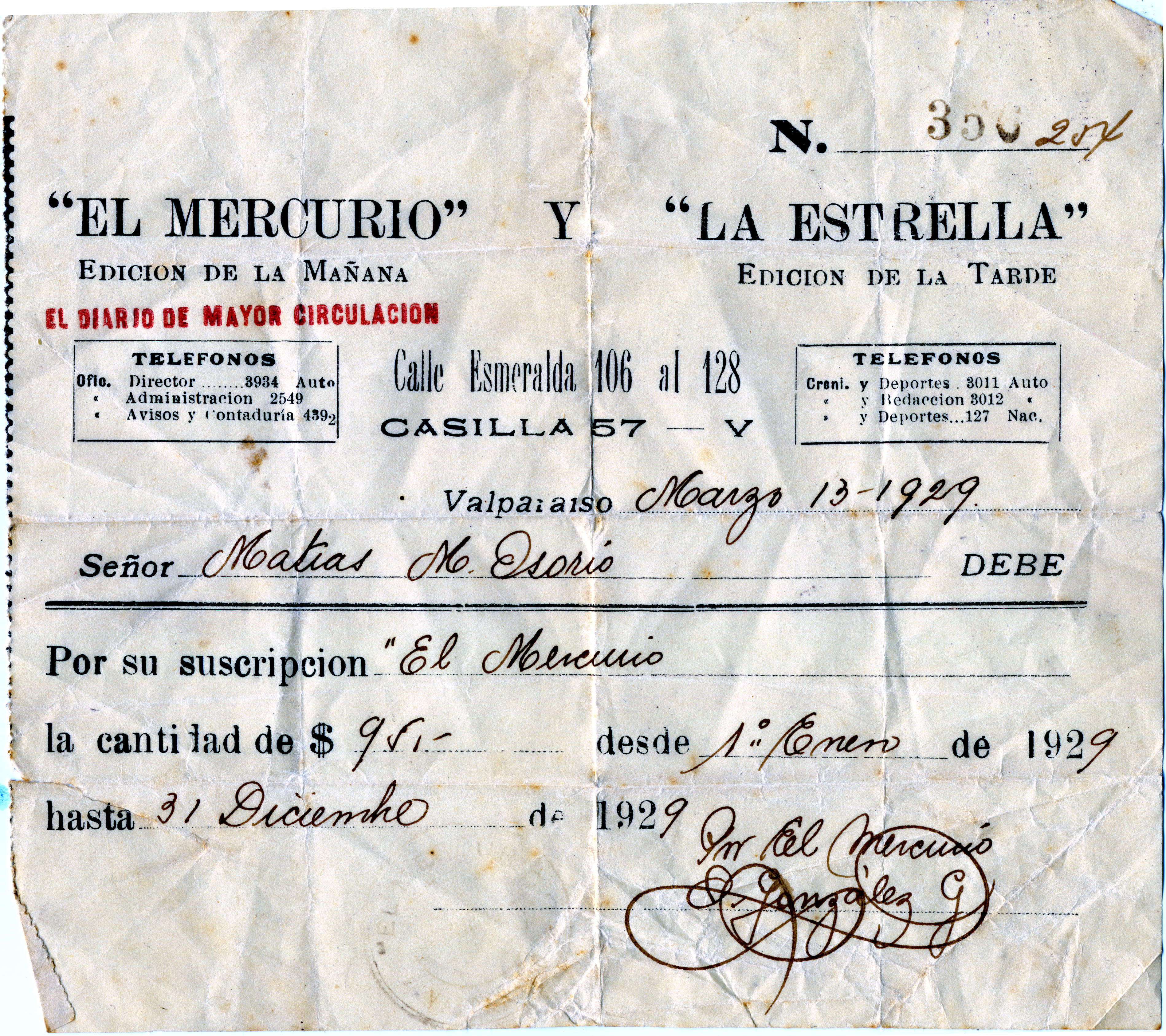 Suscripción a los diarios El Mercurio y La Estrella de Valparaíso