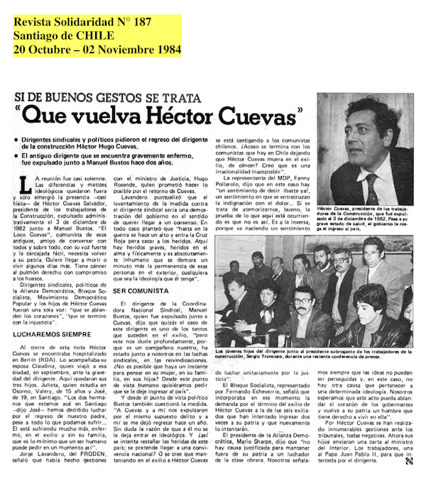 Exilio del dirigente sindical Héctor Cuevas Exilio del dirigente sindical Héctor Cuevas