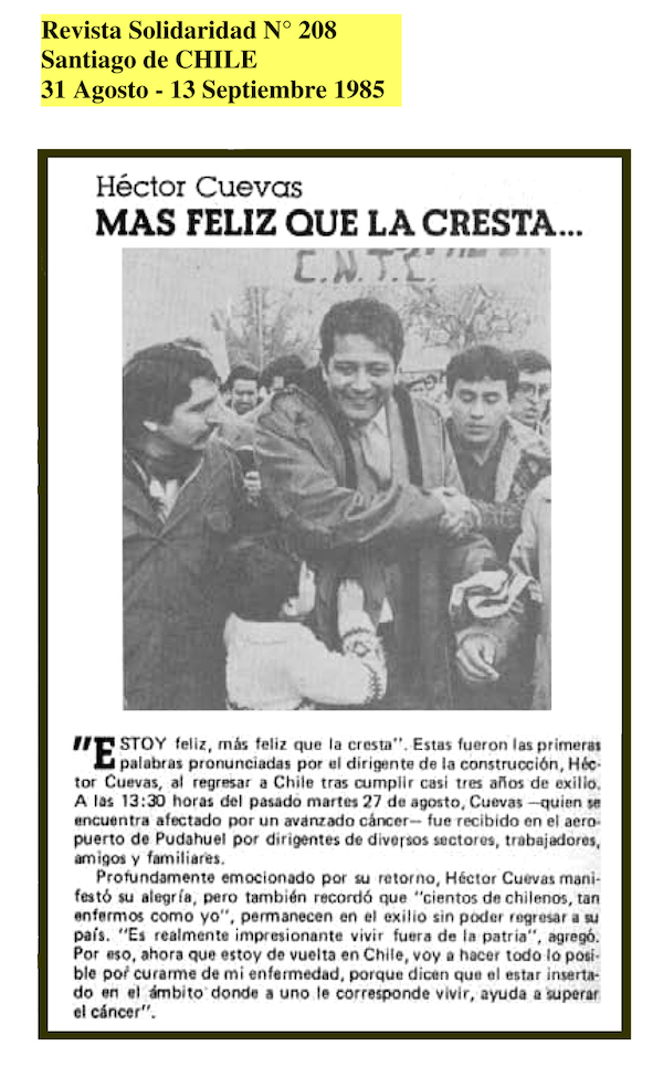 Retorno a Chile del dirigente sindical Héctor Cuevas Retorno a Chile del dirigente sindical Héctor Cuevas