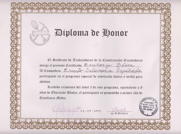 Diploma de capacitación del programa Chile Califica