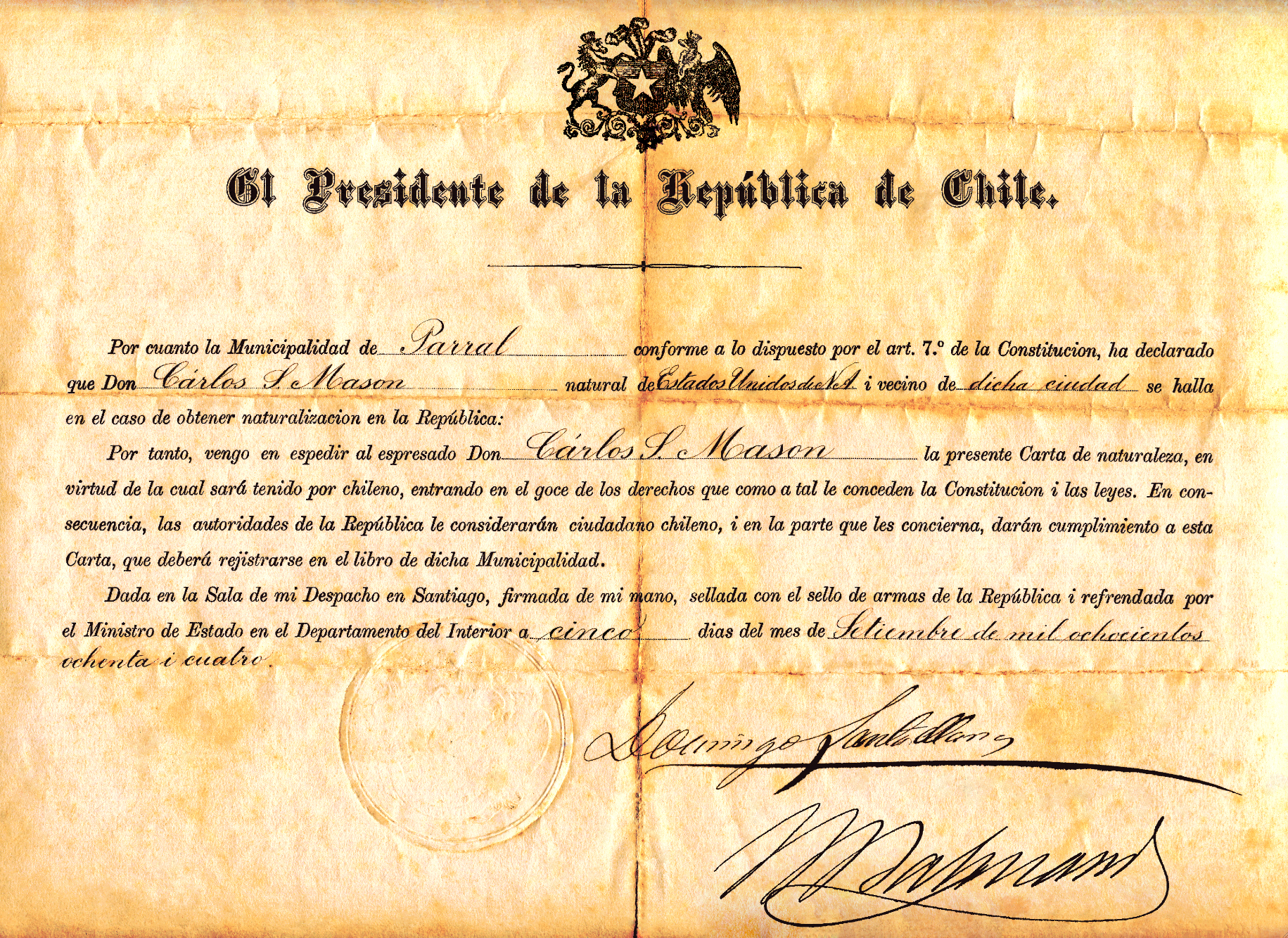 Carta de naturalización del estadounidense Charles Sumner Mason Carta de naturalización del estadounidense Charles Sumner Mason