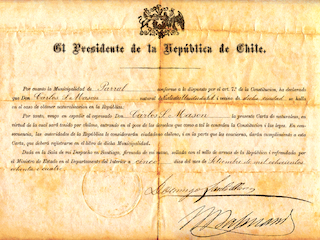 Carta de naturalización del estadounidense Charles Sumner Mason