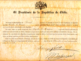 Carta de naturalización del estadounidense Charles Sumner Mason