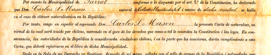 Carta de naturalización del estadounidense Charles Sumner Mason