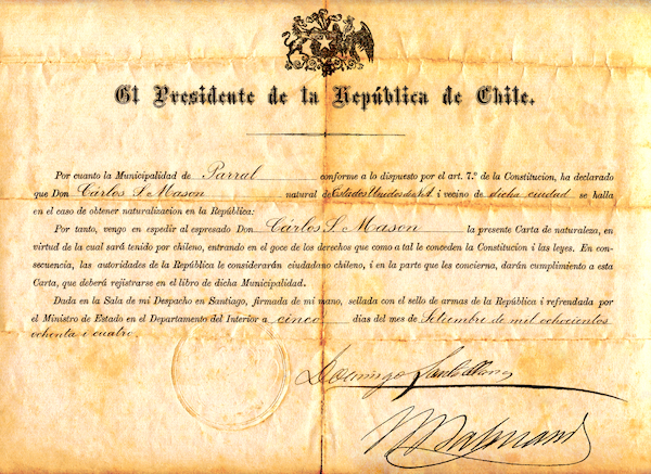 Carta de naturalización del estadounidense Charles Sumner Mason