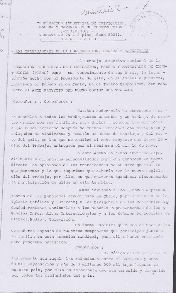 Discurso en el "Caupolicanazo de la construcción"