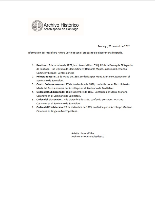 Trayectoria eclesiástica de Arturo Cortínez Mujica